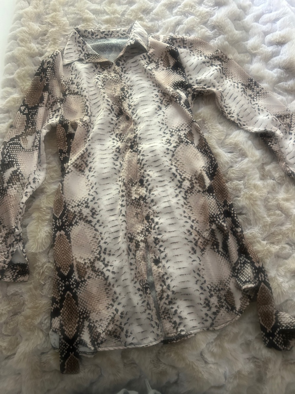 Snake Print Long Sleeve Button-Up Tunic - Neutral Tones
